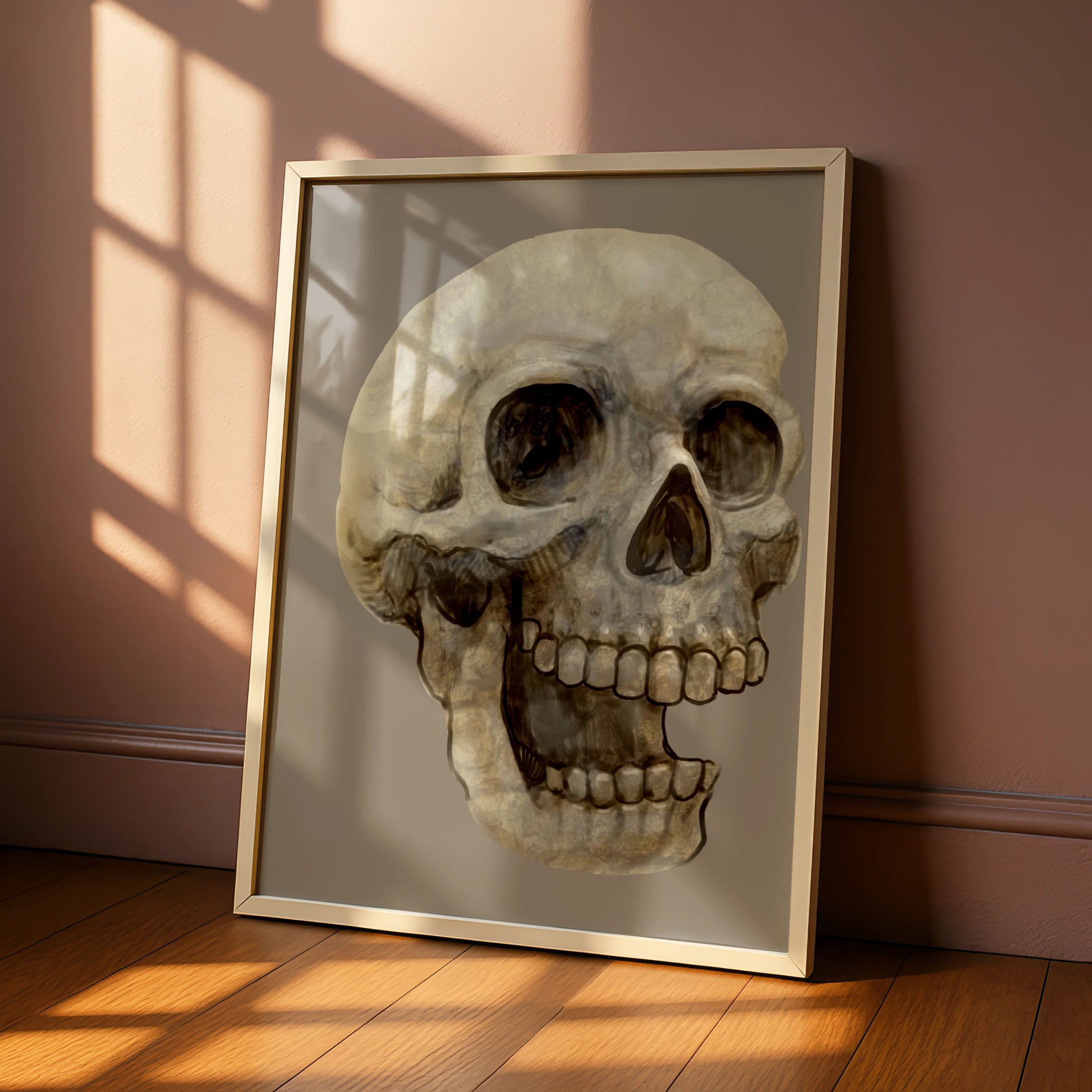 Halloween Skull Wall Art, Spooky Skeleton Poster, Gothic Horror Print, Dark Beige Decor