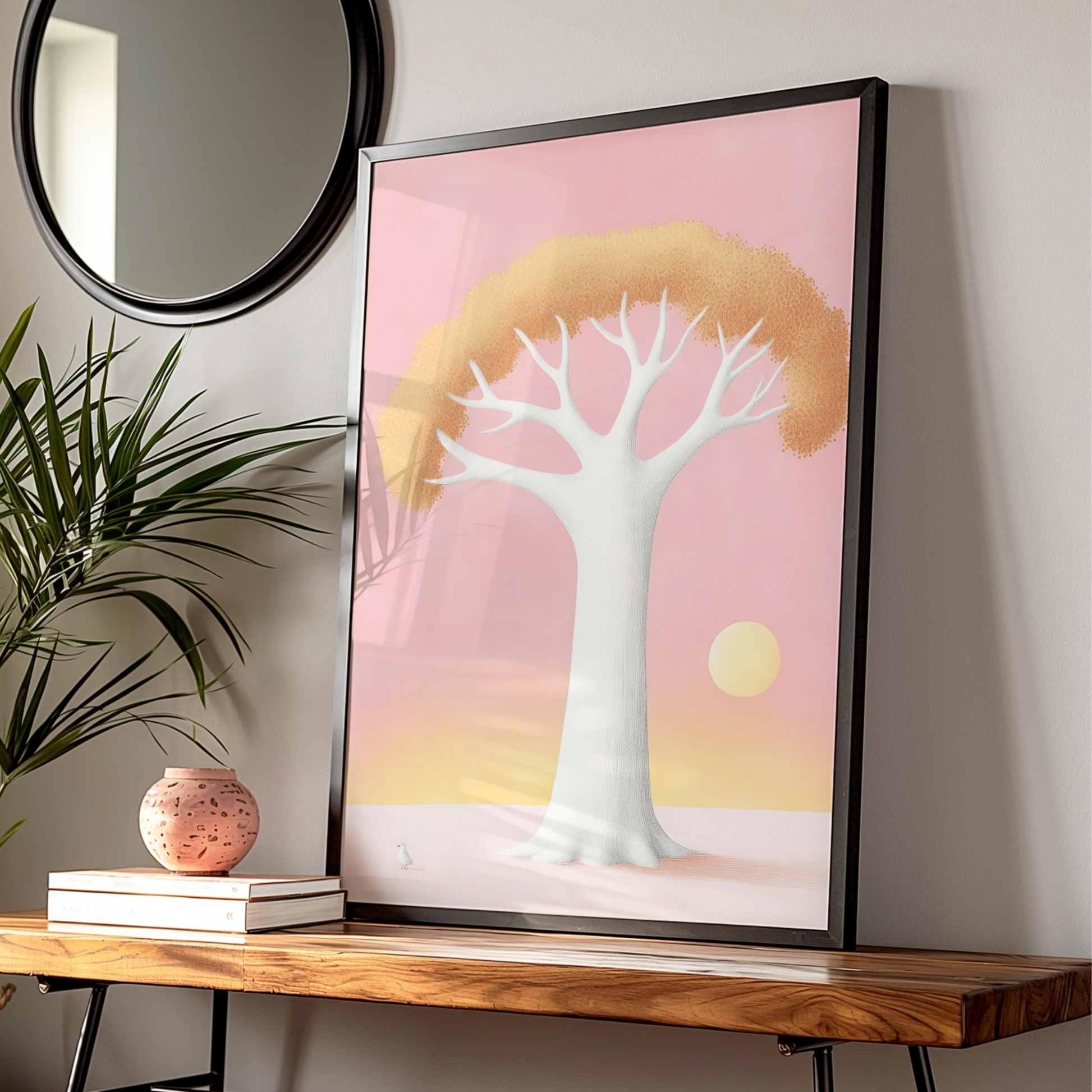 Nursery Wall Art Pink Tree Print, Boho Baby Room Poster, Pastel Sunset Children's Decor