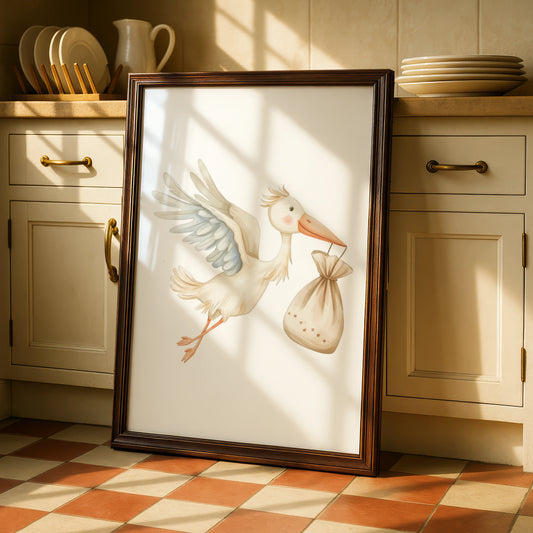Stork Nursery Wall Art, Baby Shower Poster, Watercolour Bird Print, New Baby Gift