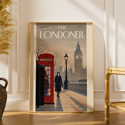London Lockdown Poster, Vintage Magazine Cover Wall Art, Red Telephone Box Big Ben Art Print
