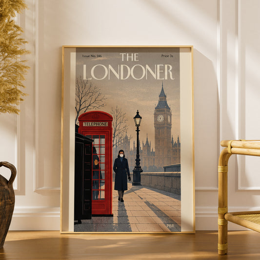 London Lockdown Poster, Vintage Magazine Cover Wall Art, Red Telephone Box Big Ben Art Print
