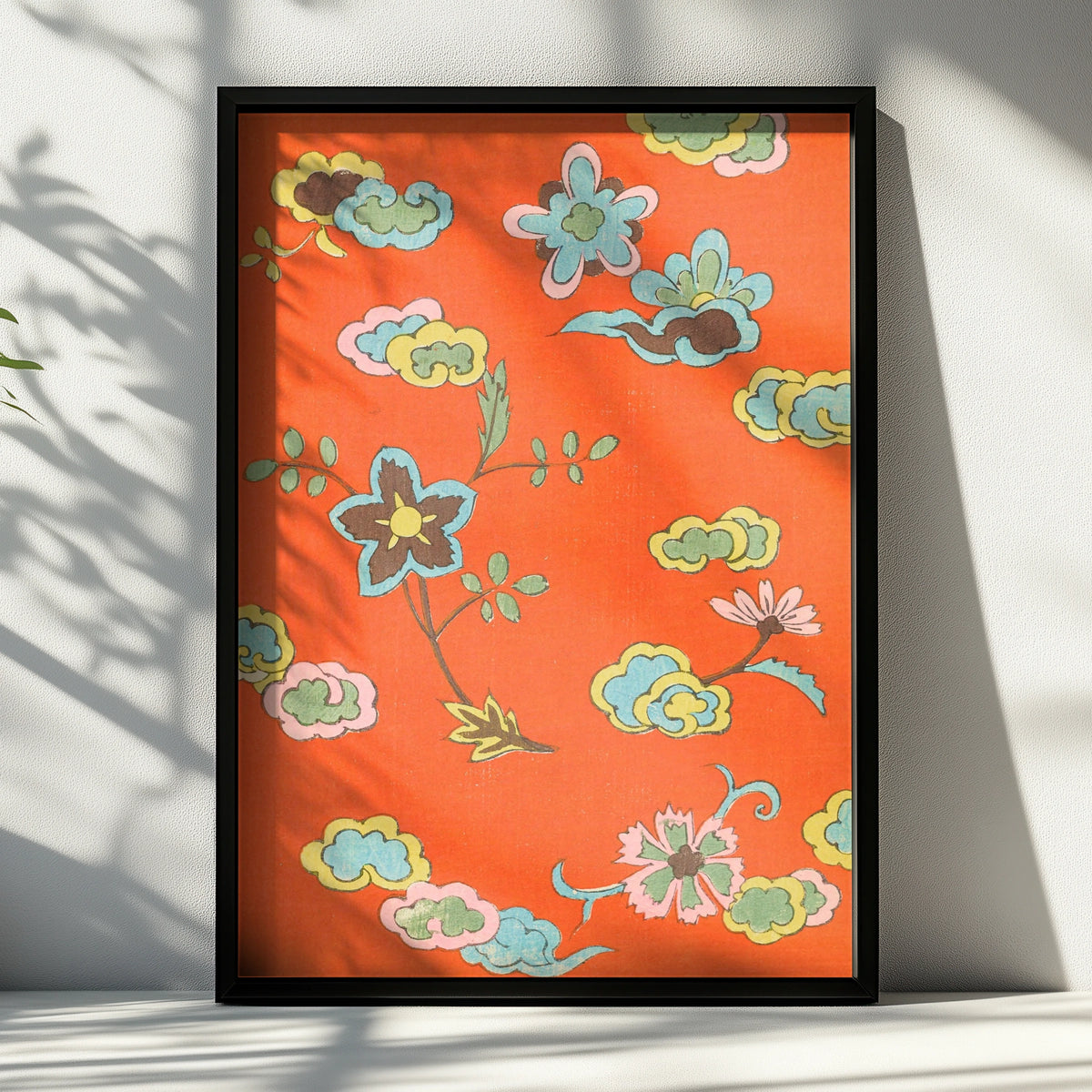 Vintage Japanese Botanical Print, Floral Woodblock Wall Art, Orange Japandi Poster – A4 Black frame