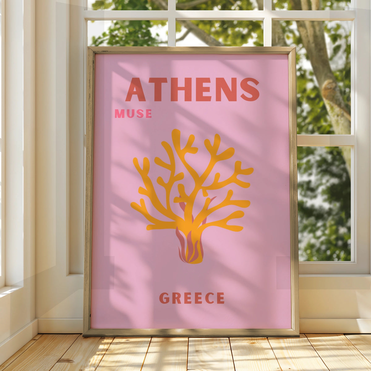 Athens Greece Travel Poster, Retro Wall Art, Pink Greek Print, Coral Botanical Decor