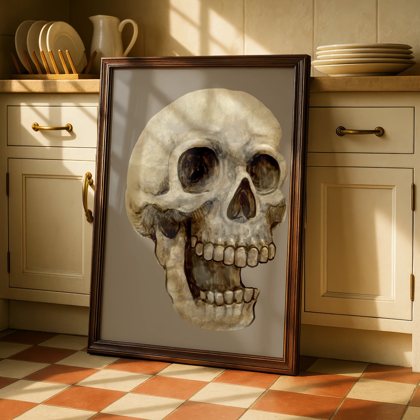 Halloween Skull Wall Art, Spooky Skeleton Poster, Gothic Horror Print, Dark Beige Decor
