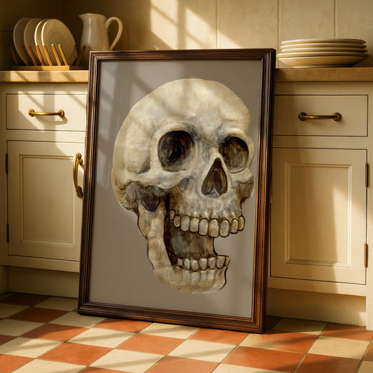 Halloween Skull Wall Art, Spooky Skeleton Poster, Gothic Horror Print, Dark Beige Decor