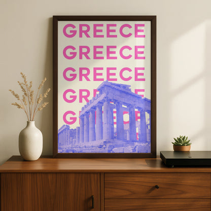 Greece Travel Poster, Athens Parthenon Wall Art, Retro Greece Print, Bold Pink Modern Decor