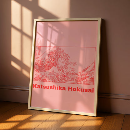 Hokusai Great Wave Poster, Japanese Woodblock Wall Art, Pink Red Maximalist Print