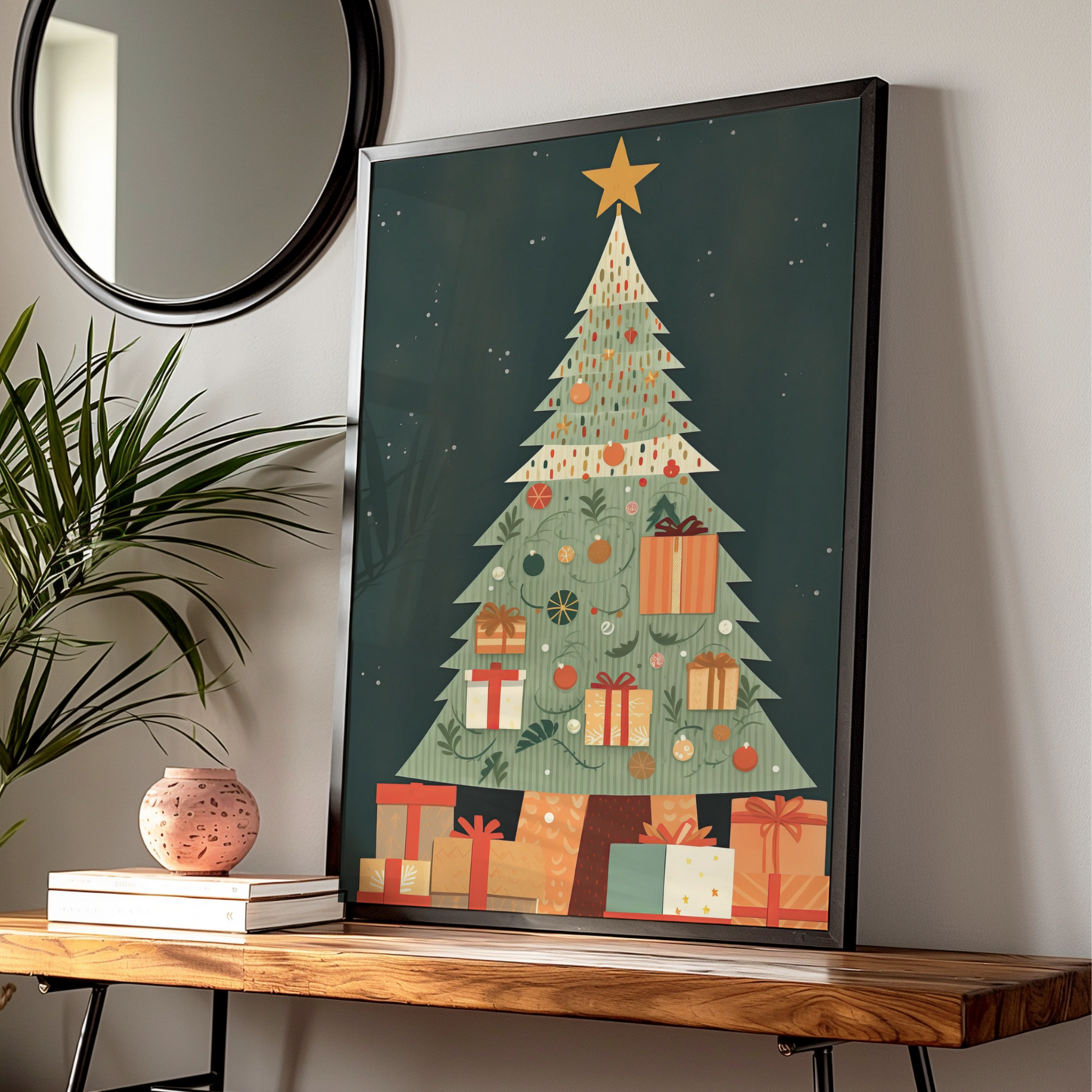 Christmas Tree Poster, Festive Gift Wall Art, Retro Xmas Print, Green Red Holiday Home Decor
