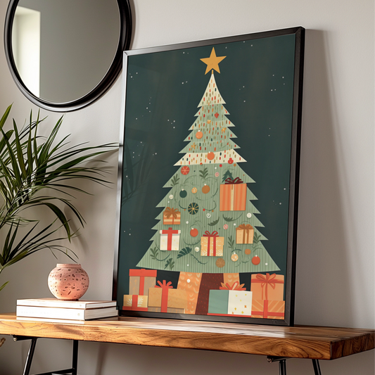 Christmas Tree Poster, Festive Gift Wall Art, Retro Xmas Print, Green Red Holiday Home Decor