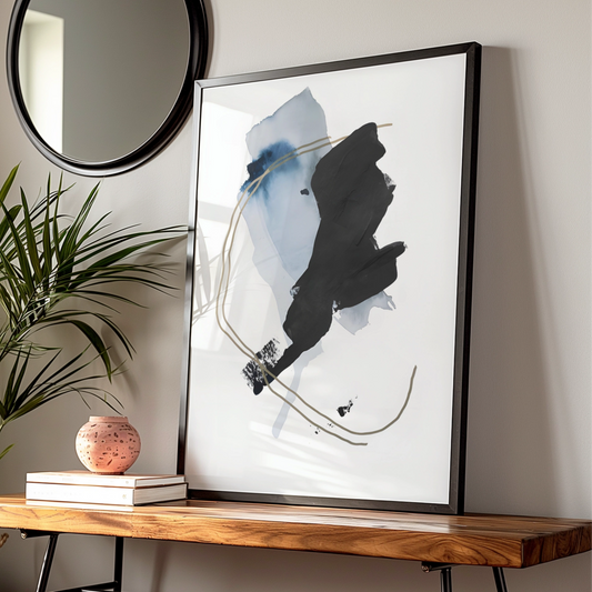 Abstract Monochrome Wall Art, Black Blue Gold Brush Stroke Print, Modern Poster