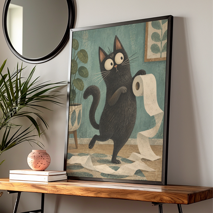Guilty Black Cat Toilet Roll Cartoon Poster, Funny Cat Wall Art, Quirky Print — Digital Download