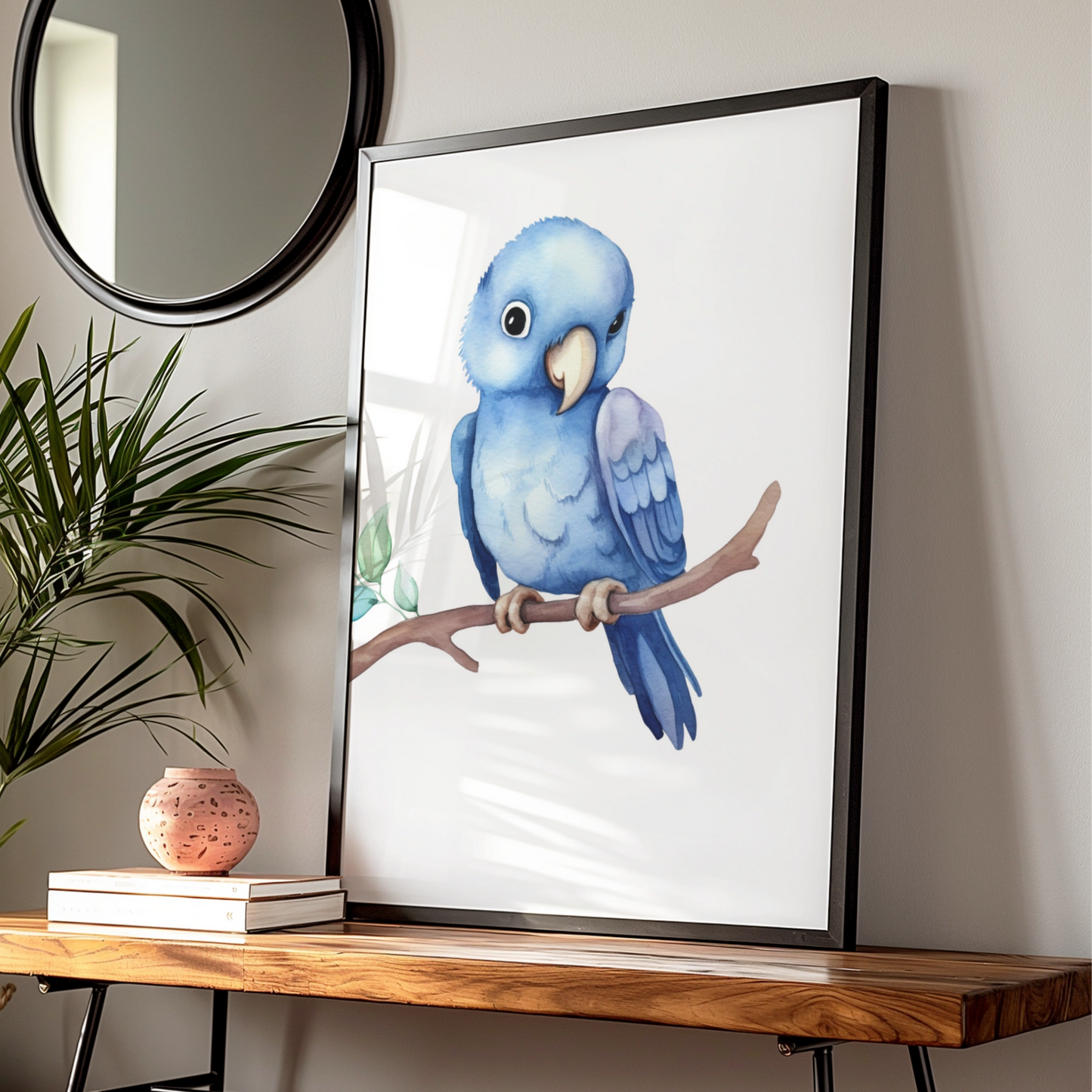 Blue Parrot Nursery Wall Art, Watercolour Bird Print, Baby Boy Room Poster Decor