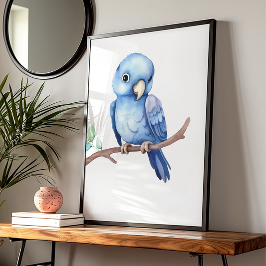 Blue Parrot Nursery Wall Art, Watercolour Bird Print, Baby Boy Room Poster Decor