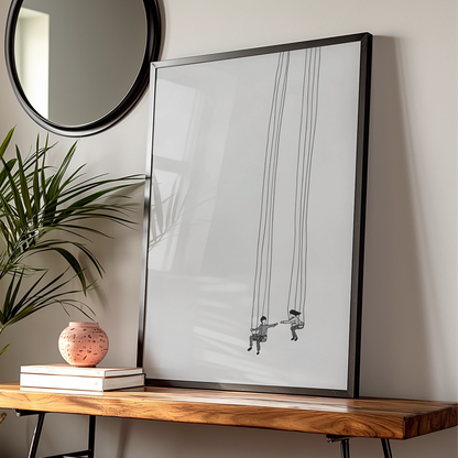 Couple on Swings Monochrome Wall Art, Minimalist Black and White Poster, Modern Neutral Print — Digital Download