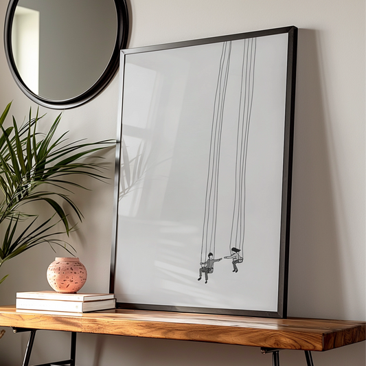 Couple on Swings Monochrome Wall Art, Minimalist Black and White Poster, Modern Neutral Print