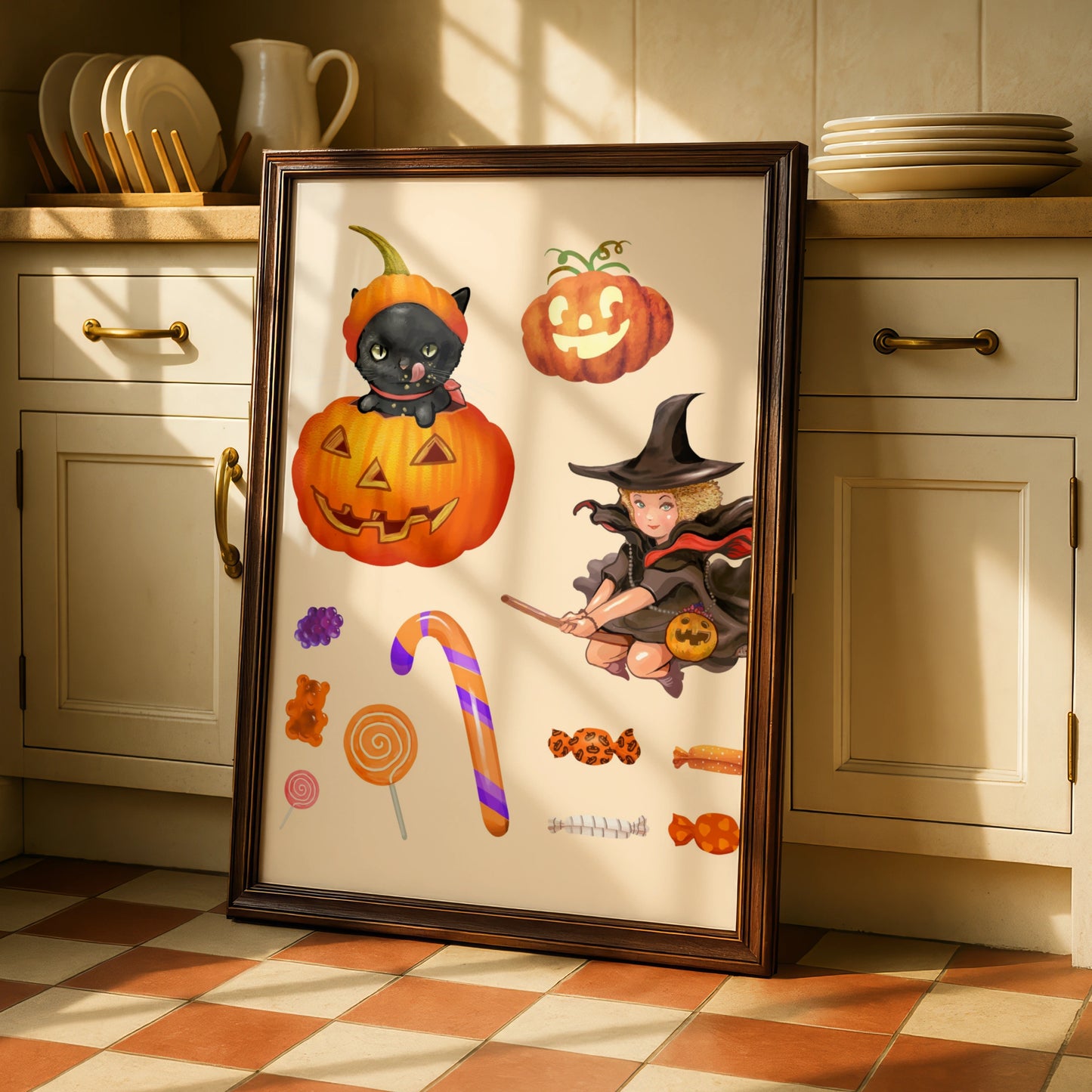 Halloween Witch Black Cat Pumpkin Poster, Trick or Treat Candy Wall Art Print