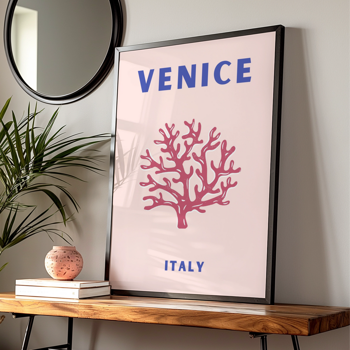 Venice Italy Travel Poster, Retro Coral Wall Art, Italian City Print, Pink Blue Home Decor