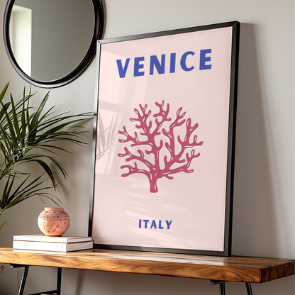 Venice Italy Travel Poster, Retro Coral Wall Art, Italian City Print, Pink Blue Home Decor