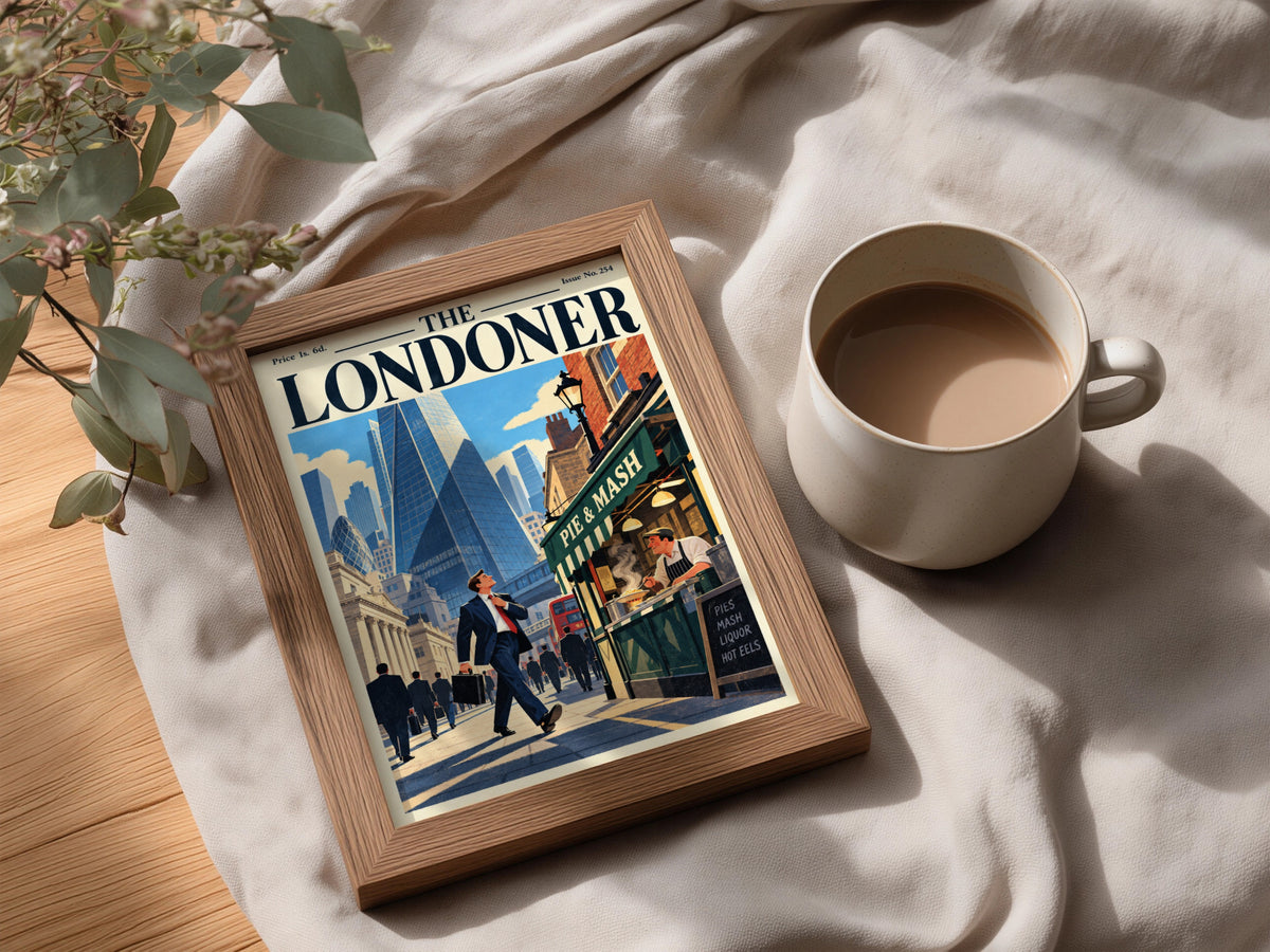 London Poster, Vintage Magazine Cover Wall Art, City Skyline Pie and Mash Art Print, Living Room