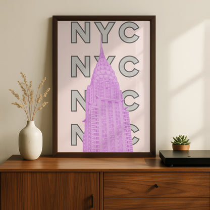 New York City Travel Poster, NYC Wall Art, Pink Retro City Print, Manhattan Skyscraper Decor