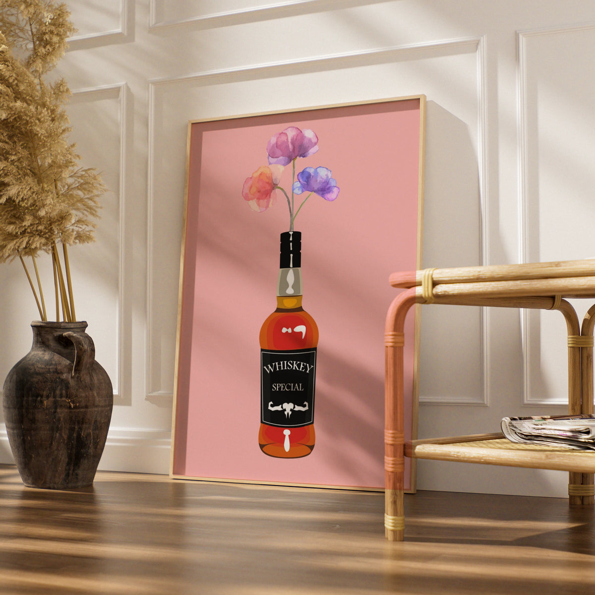 Whiskey Bottle Floral Maximalist Poster, Pink Bar Wall Art, Bold Drinks Print