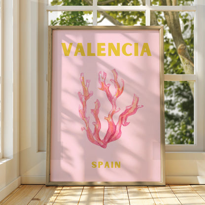 Valencia Spain Travel Poster, Coral Wall Art, Pink Retro Print, Spanish City Decor