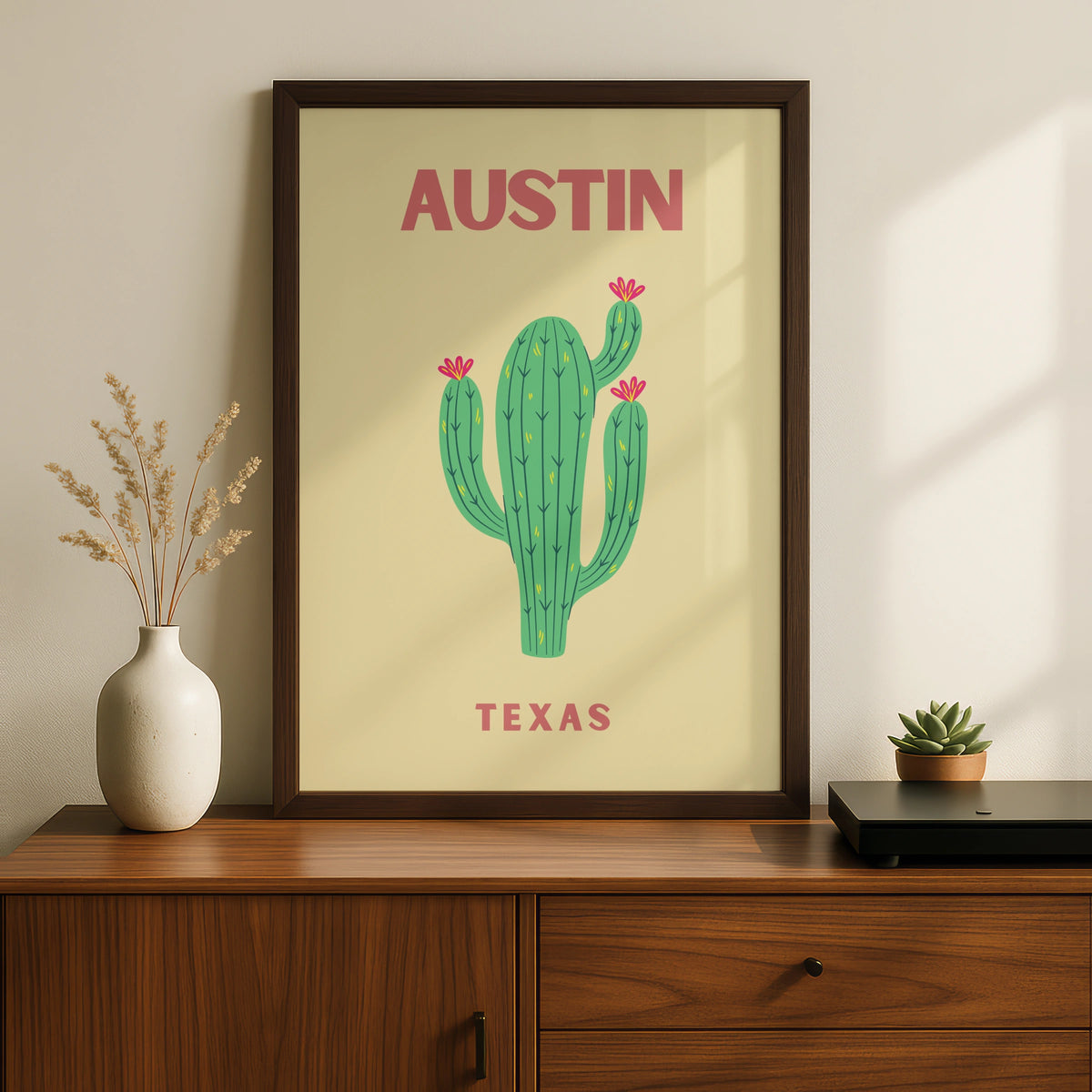 Austin Texas Travel Poster, Cactus Wall Art, Retro Texas Print, Southwestern Home Decor