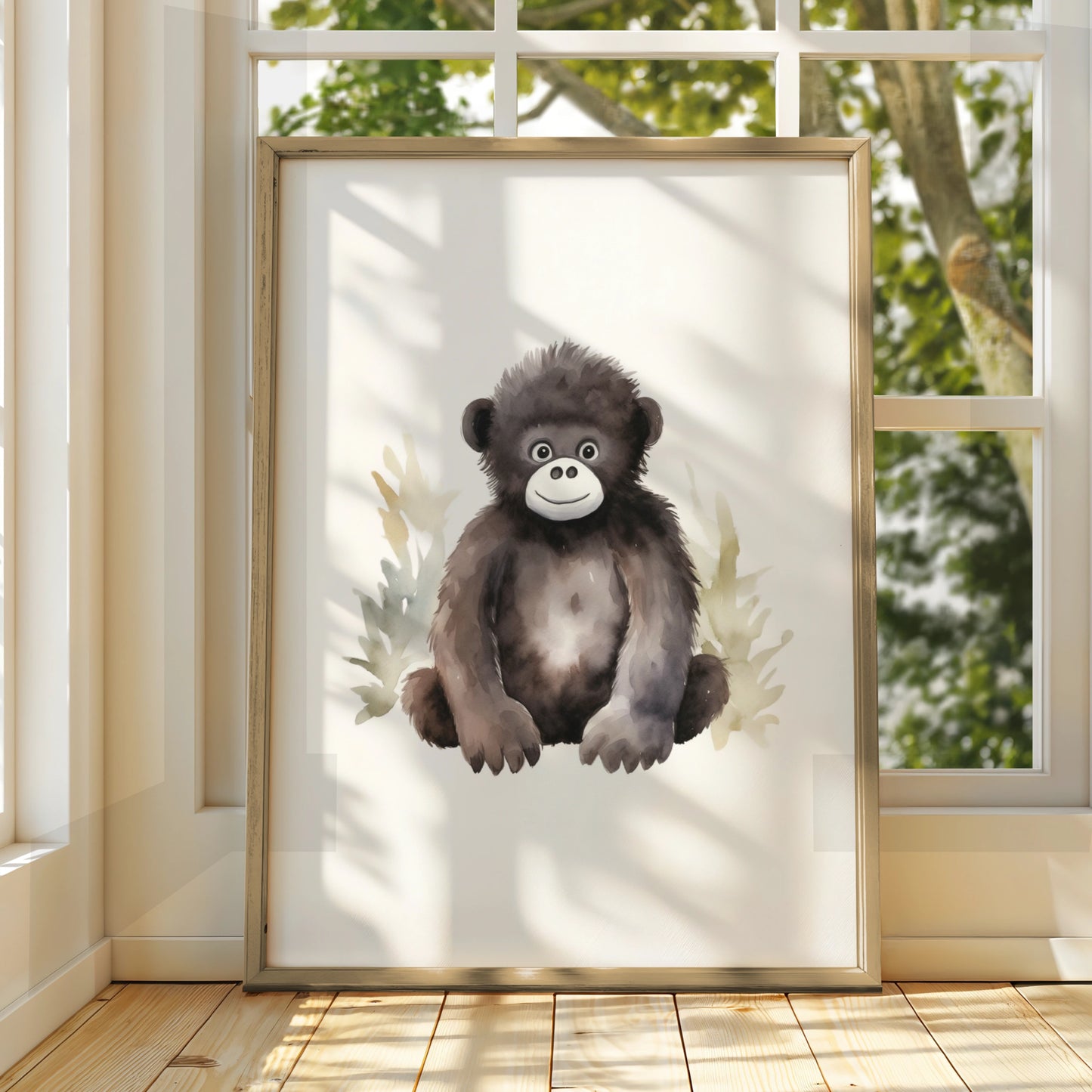 Baby Gorilla Nursery Wall Art, Cute Watercolour Animal Print, Kids Room Poster