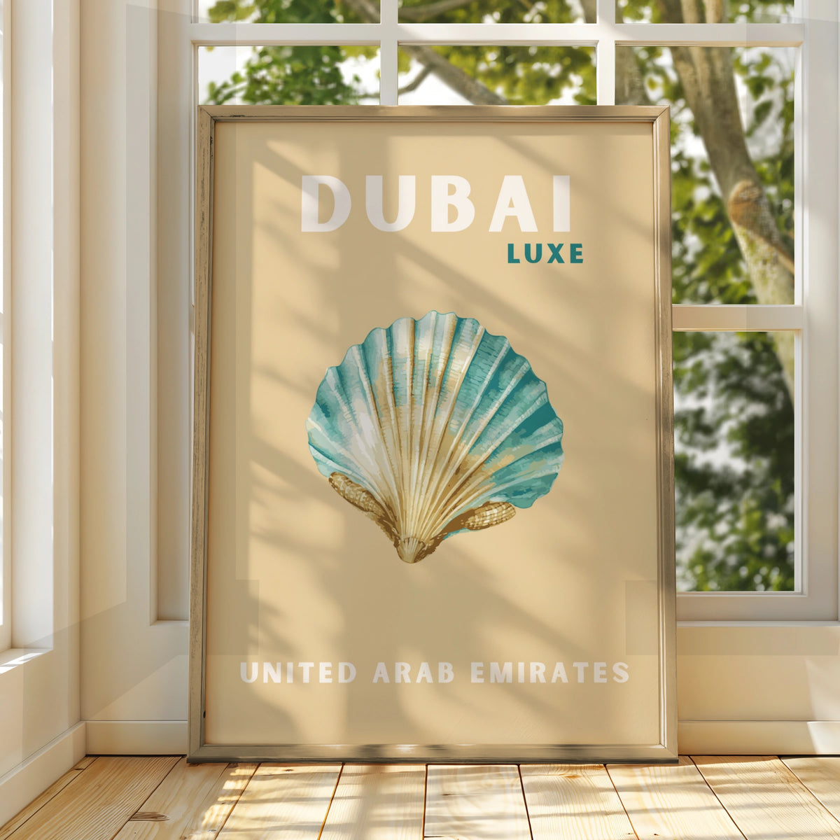 Dubai Travel Poster, UAE Wall Art, Retro Seashell Print, Coastal Teal Sand Decor