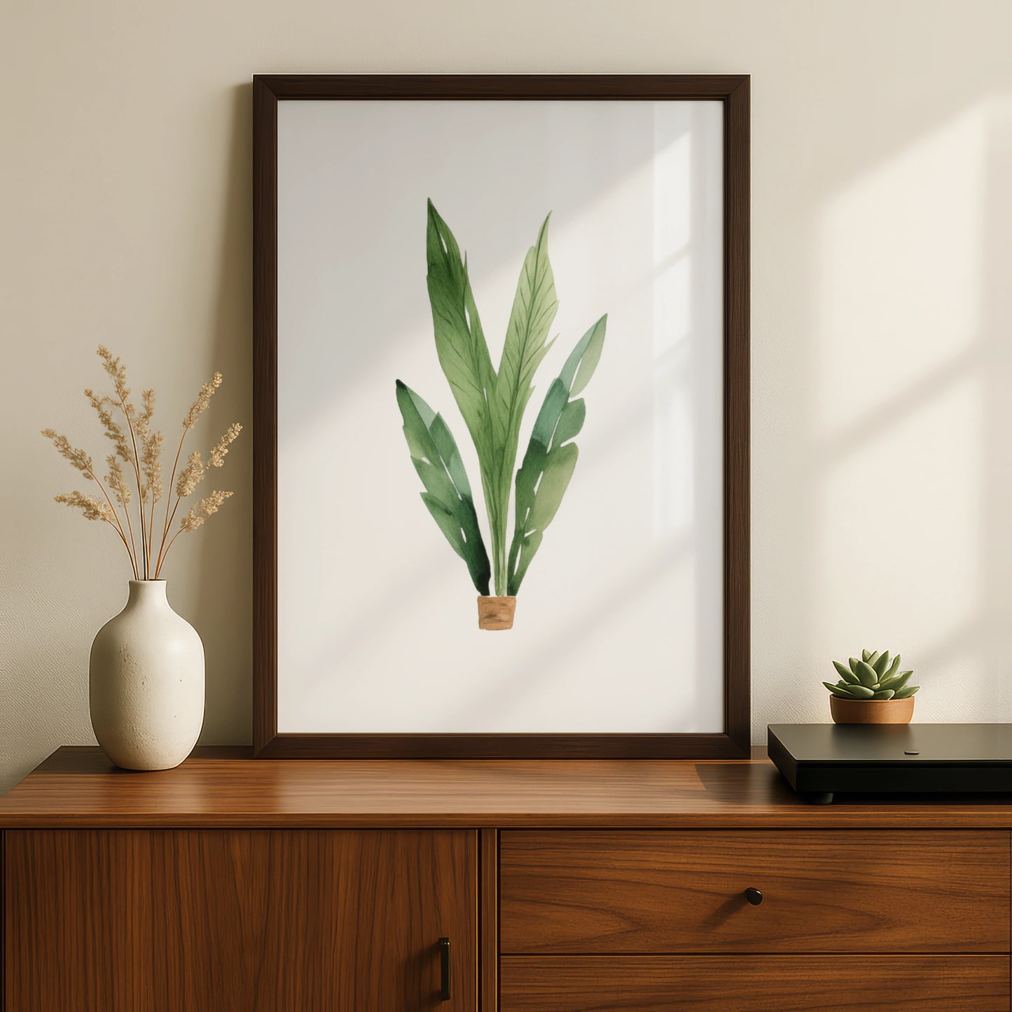 Nursery Wall Art Green Plant Poster, Watercolour Tropical Leaves, Baby Room Decor Print