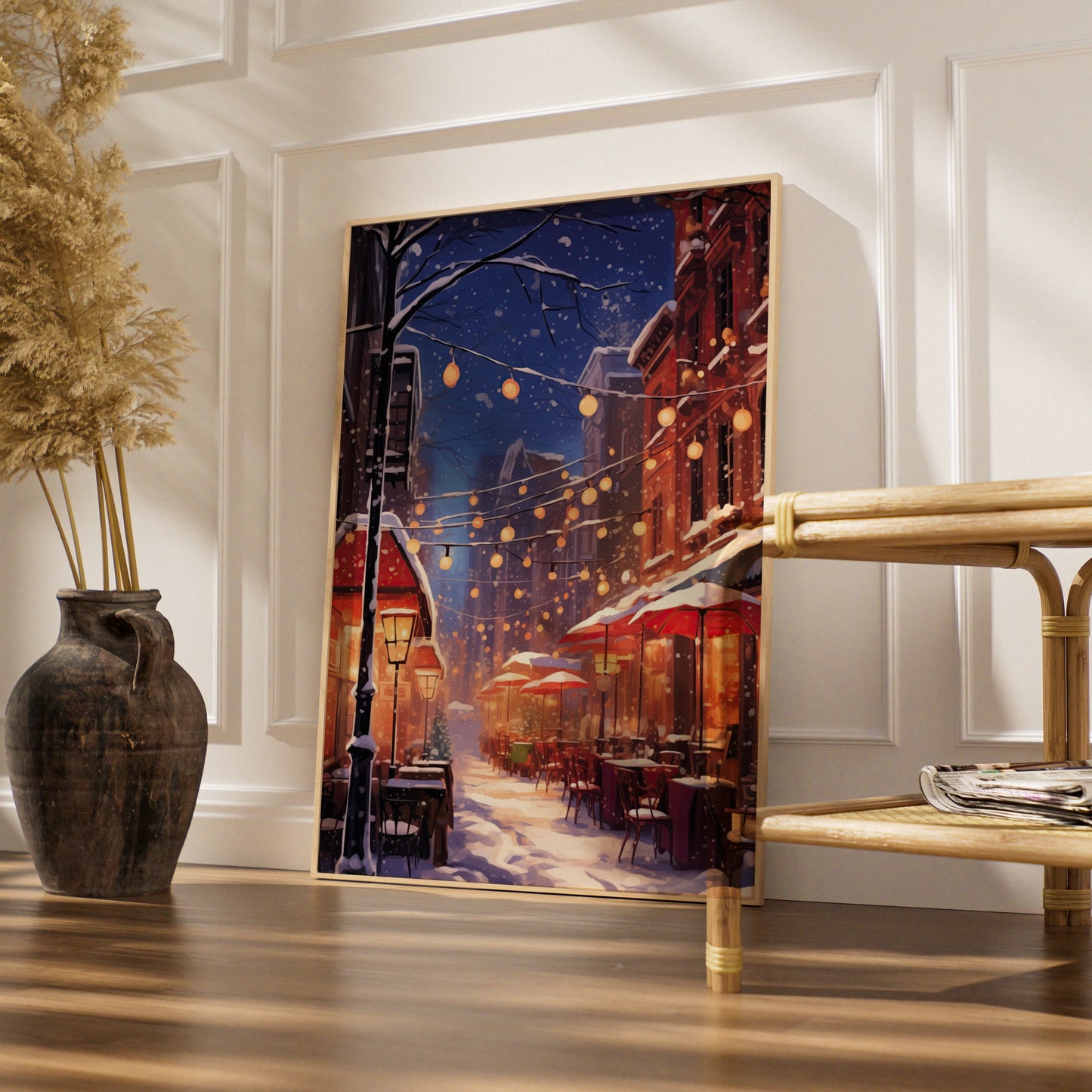 Christmas Street Scene Poster, Snowy Winter Night Wall Art, Festive City Lights Print