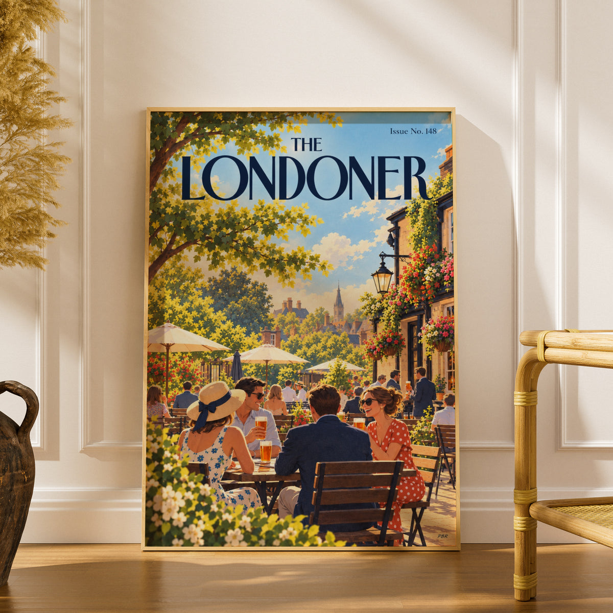 London Pub Garden Poster, Summer Beer Garden Wall Art, Vintage Magazine Cover Style Illustration