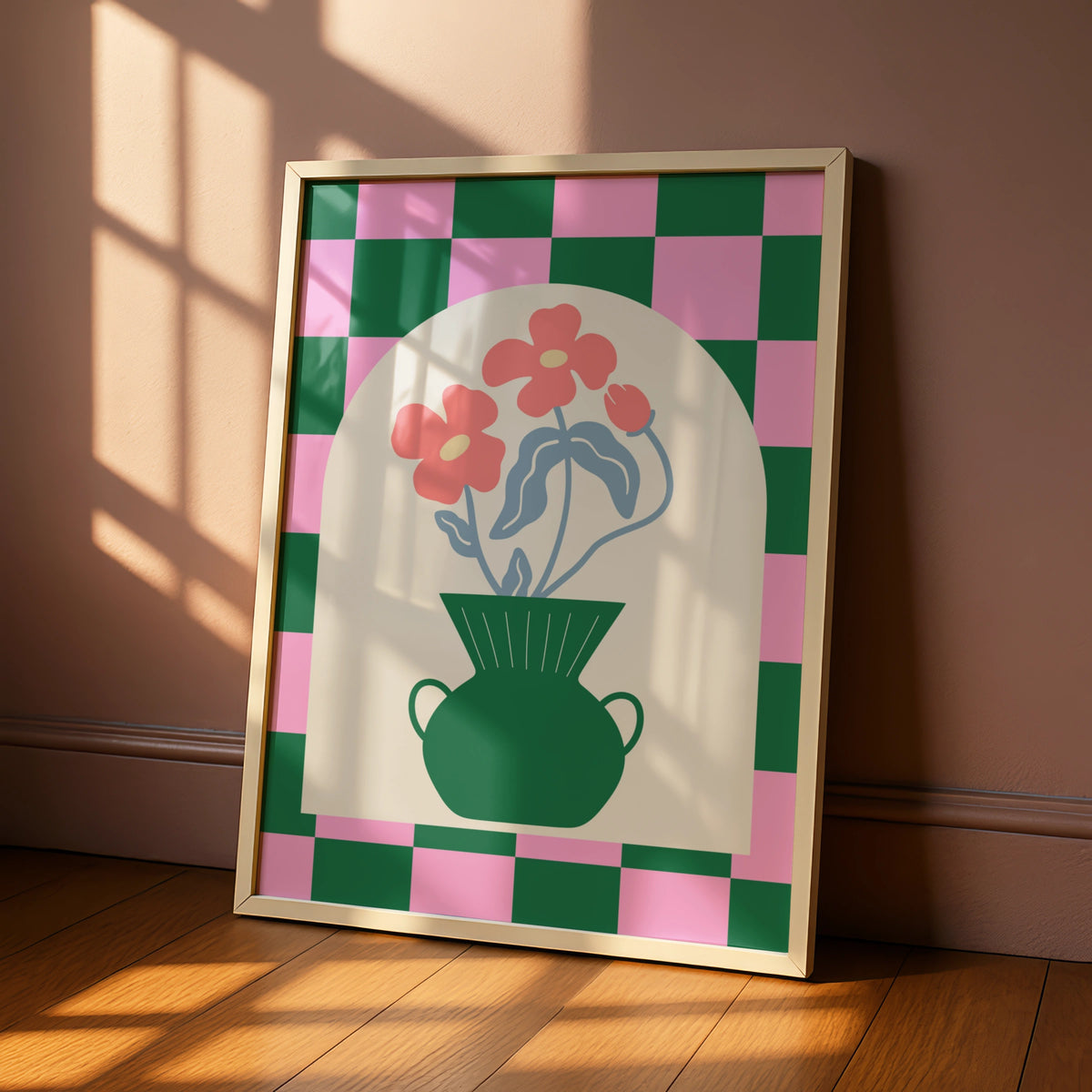 Maximalist Floral Vase Poster, Bold Checkerboard Wall Art, Pink Green Flower Print