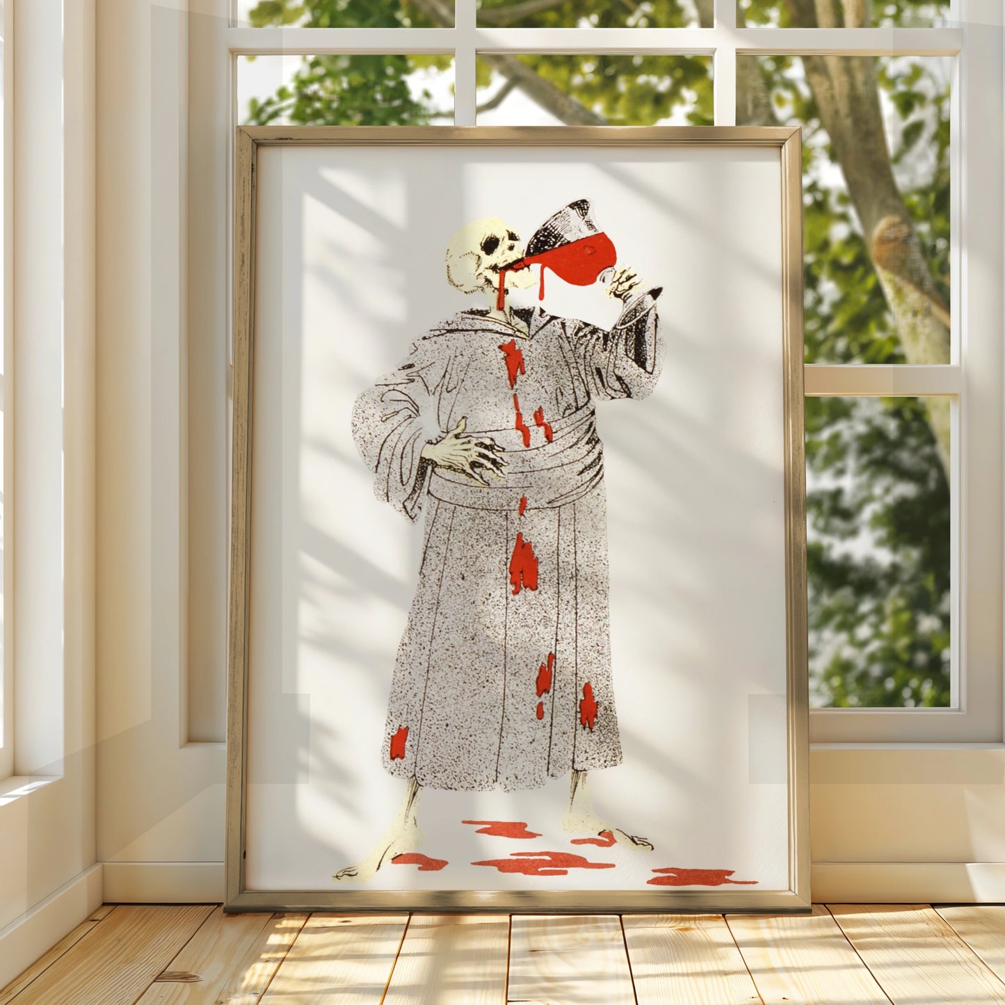 Skeleton Drinking Blood Halloween Poster, Spooky Skull Wall Art, Gothic Horror Print, Dark