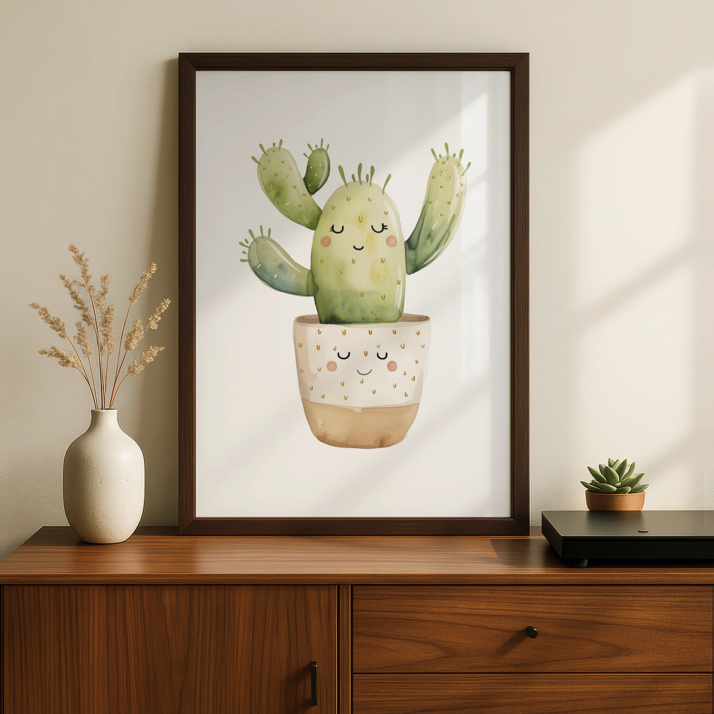 Cute Cactus Nursery Wall Art, Kawaii Watercolour Plant Poster, Kids Room Green Decor Print