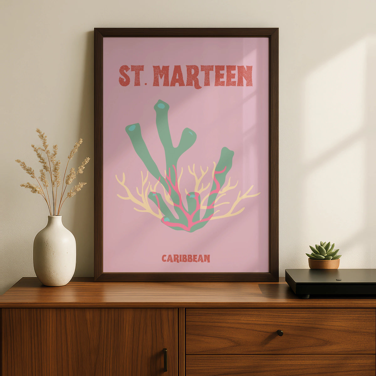 St Maarten Caribbean Travel Poster, Retro Coral Wall Art, Tropical Island Print