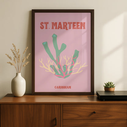 St Maarten Caribbean Travel Poster, Retro Coral Wall Art, Tropical Island Print