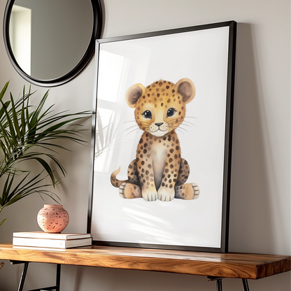 Cute Leopard Nursery Wall Art, Baby Safari Animal Poster, Watercolour Cheetah Print for Kids Room