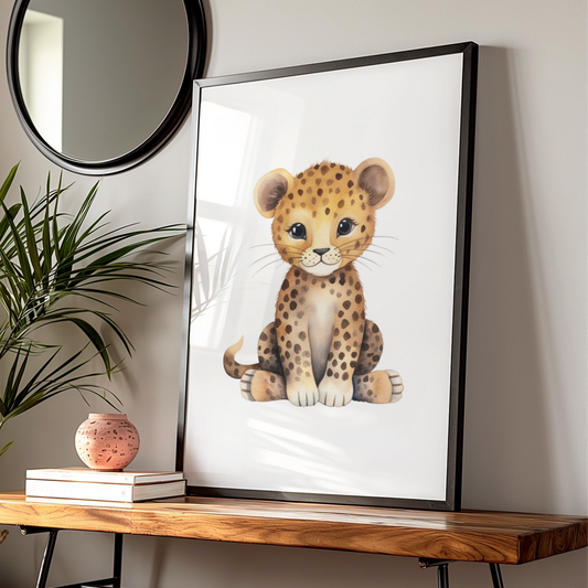 Cute Leopard Nursery Wall Art, Baby Safari Animal Poster, Watercolour Cheetah Print for Kids Room