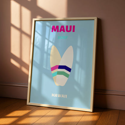 Maui Hawaii Travel Poster, Surf Wall Art, Retro Surfboard Print, Beach Decor