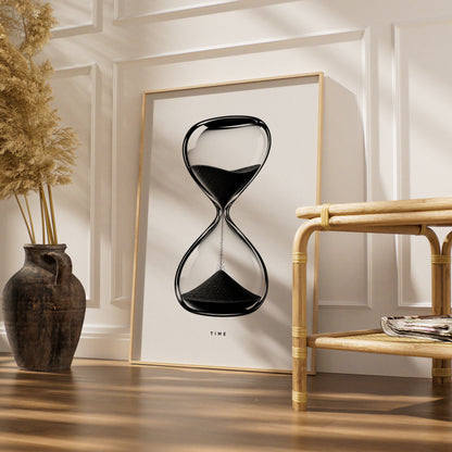 Hourglass Time Typography Print, Monochrome Wall Art, Black and White Minimalist Poster
