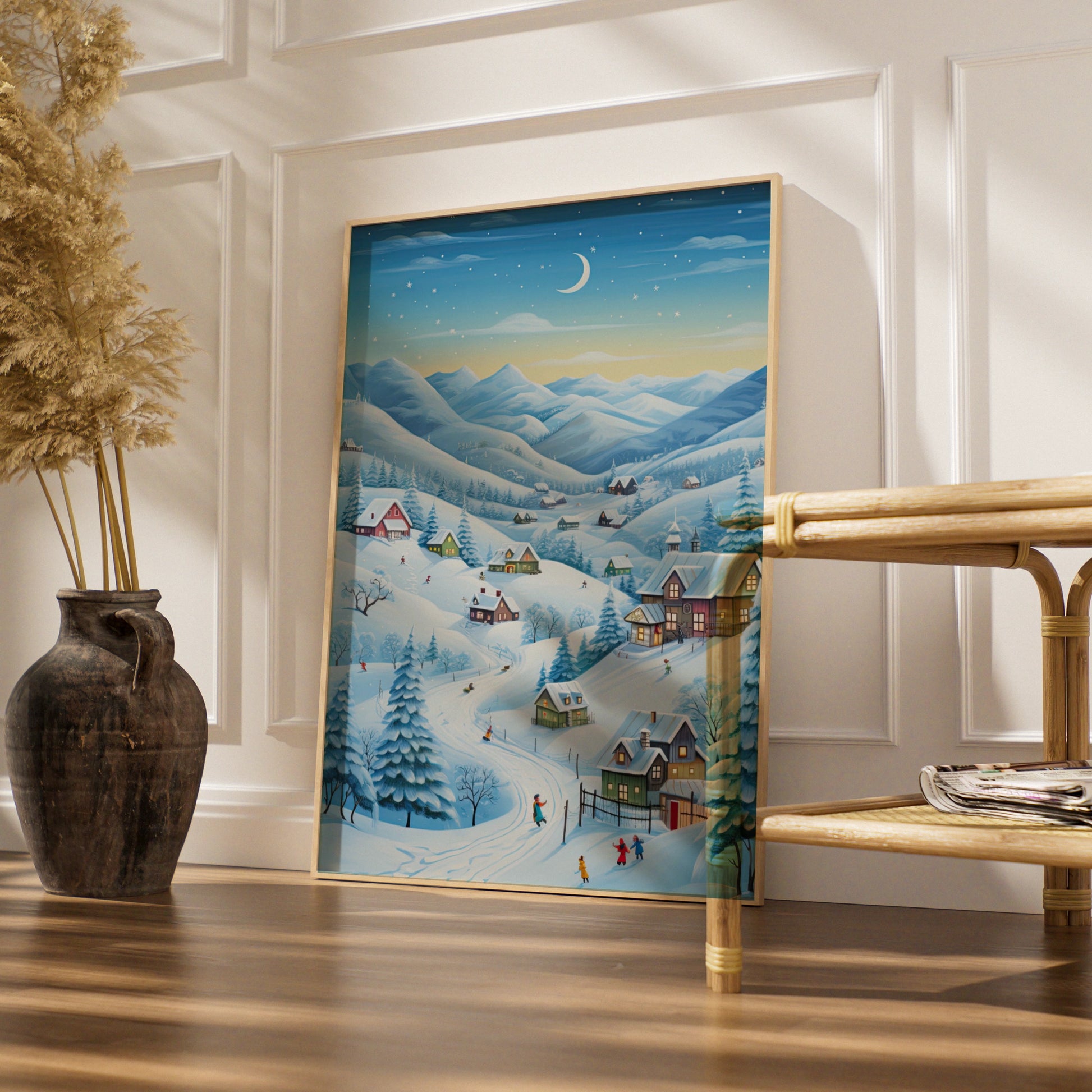 Christmas Village Winter Scene Poster, Snowy Landscape Wall Art, Festive Holiday Print