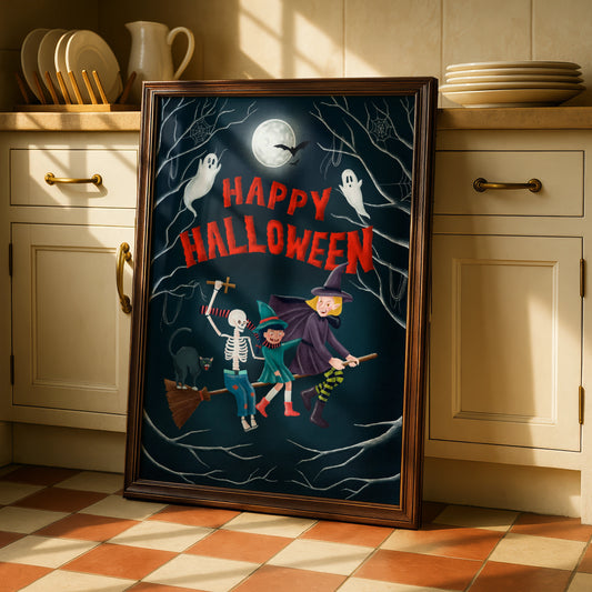 Happy Halloween Poster, Witch Skeleton Ghost Wall Art, Spooky Fun Halloween Print