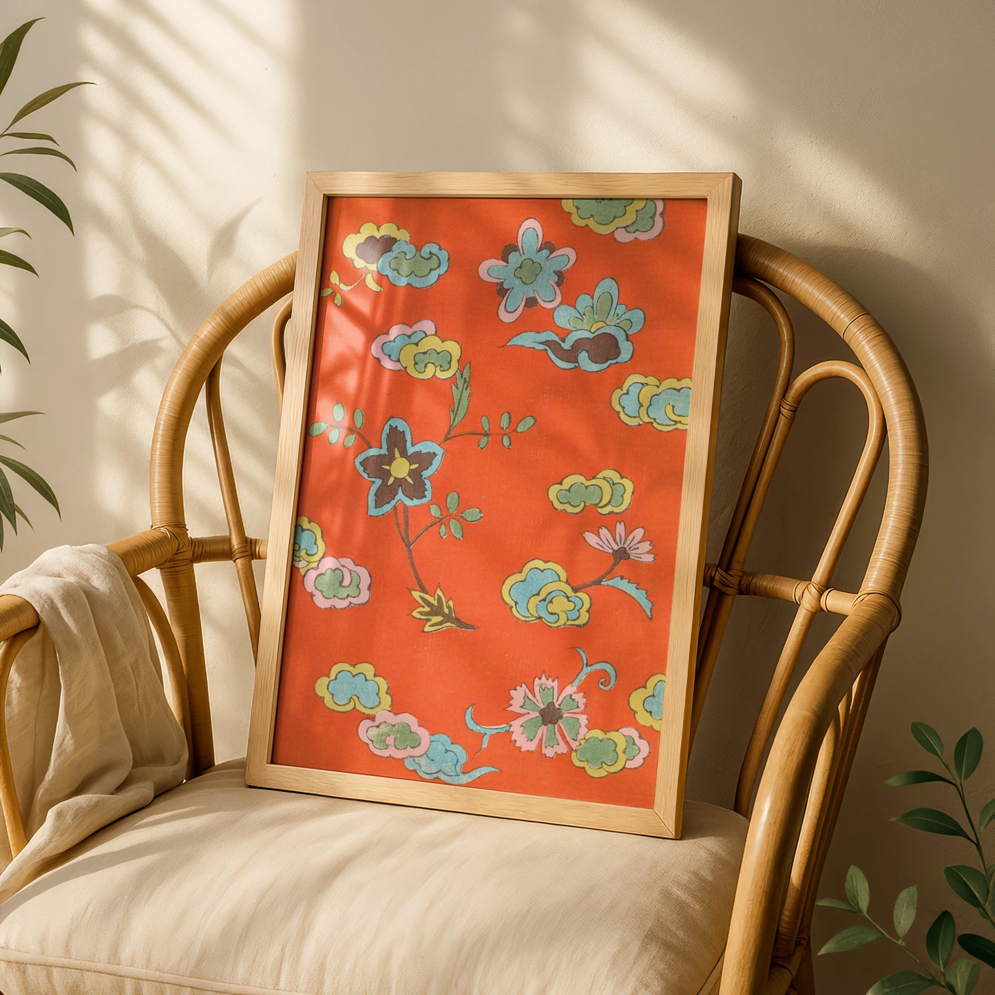 Vintage Japanese Botanical Print, Floral Woodblock Wall Art, Orange Japandi Poster – A5 White frame