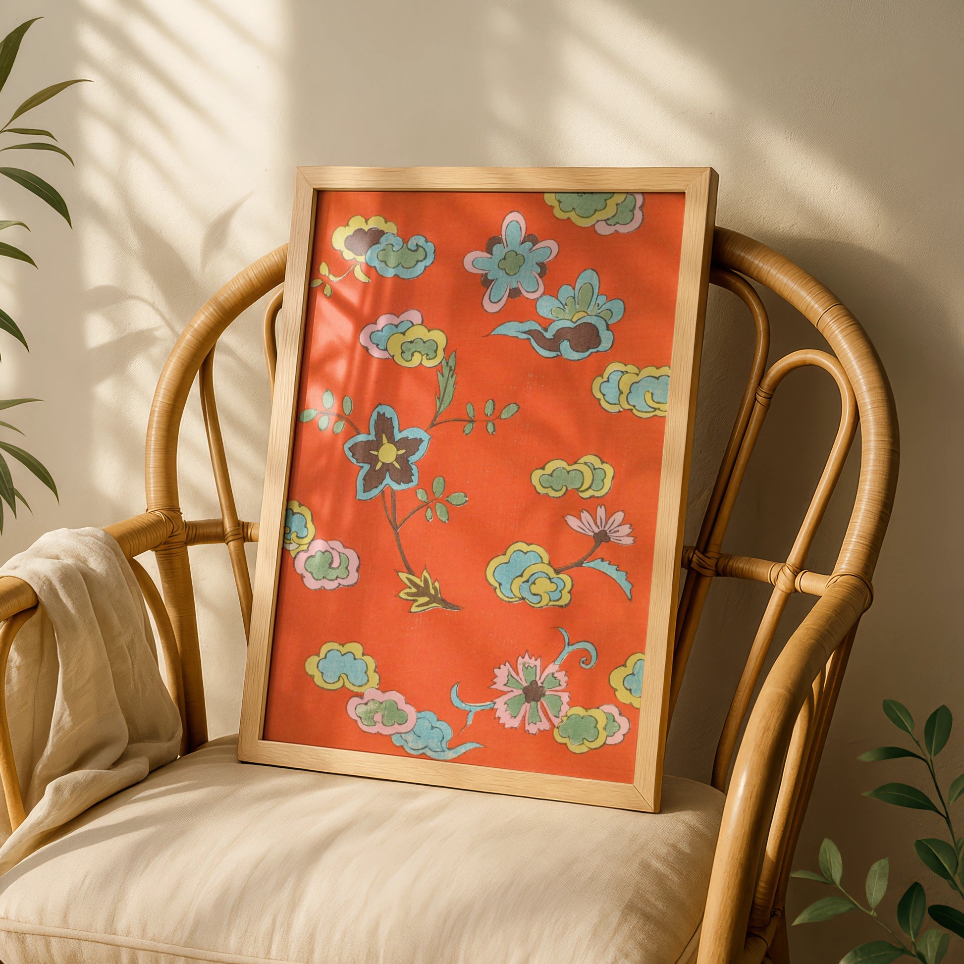 Vintage Japanese Botanical Print, Floral Woodblock Wall Art, Orange Japandi Poster – A5 White frame