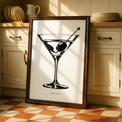 Martini Glass Print, Nightcap Cocktail Poster, Monochrome Wall Art, Black and White Bar Decor