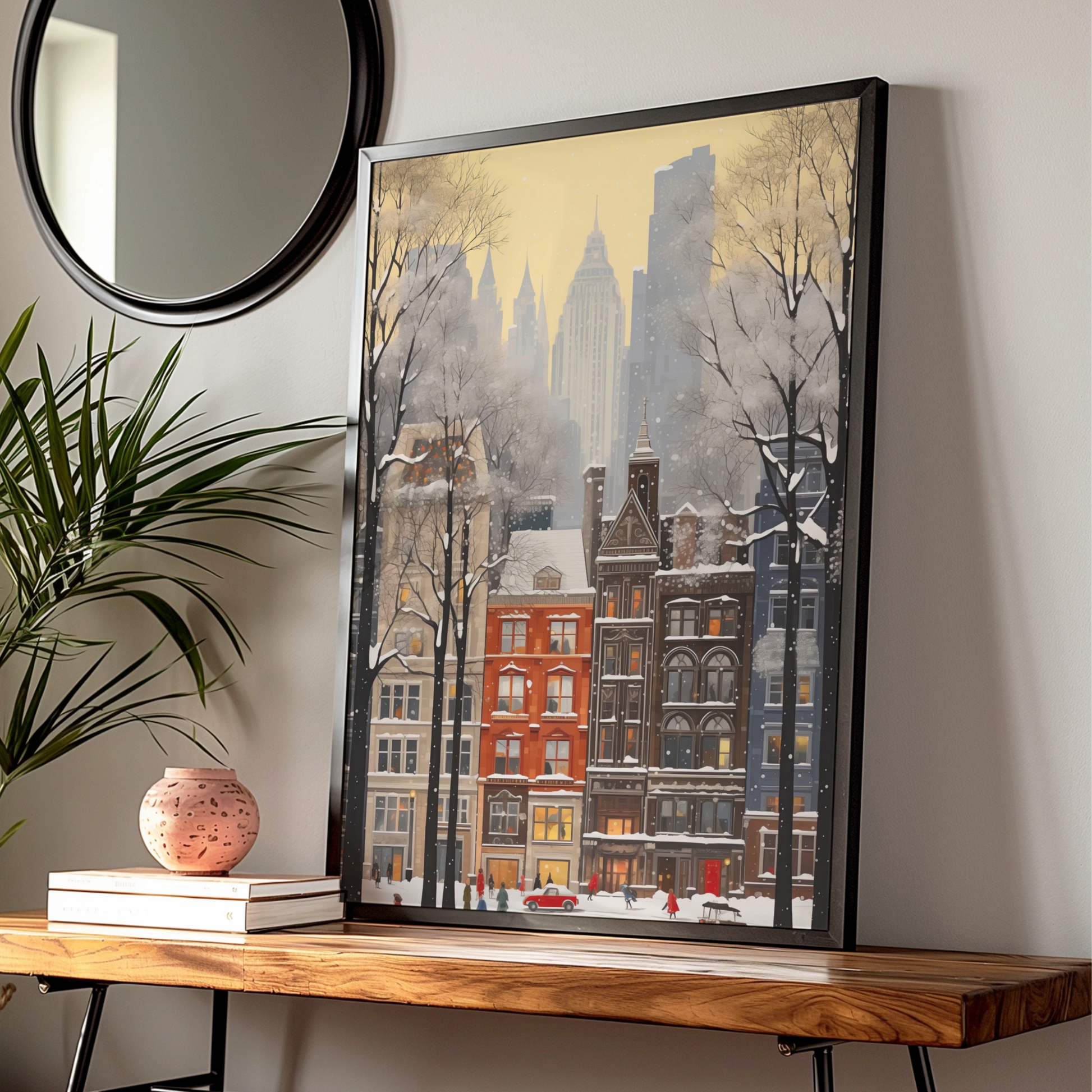 New York Christmas Poster, Snowy City Street Wall Art, Winter NYC Print, Holiday Festive Decor