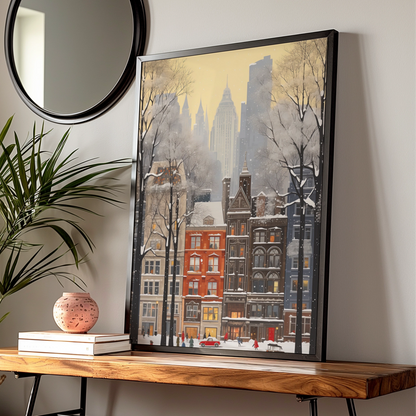 New York Christmas Poster, Snowy City Street Wall Art, Winter NYC Print, Holiday Festive Decor