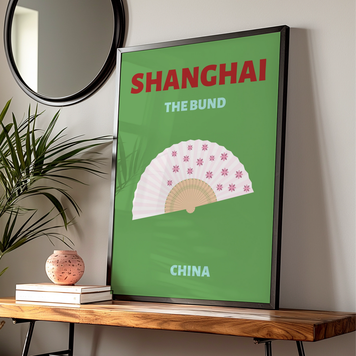 Shanghai The Bund Travel Poster, China Wall Art, Retro Chinese Fan Print