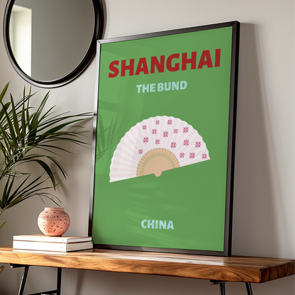 Shanghai The Bund Travel Poster, China Wall Art, Retro Chinese Fan Print